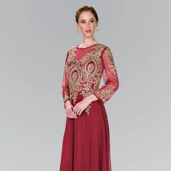 NEW LONG CHIFFON TRUMPET EMBROIDERED DRESS WITH 3\4 SLEEVES & ZIPPER BACK GL1368
